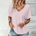 thumbnail image 2 of Penkiiy Womens Summer Eyelet Tops Trendy Criss Cross V Neck Solid Color Shirts Casual Short Sleeve Soft Elegant Tees Tunics S Pink, 2 of 8