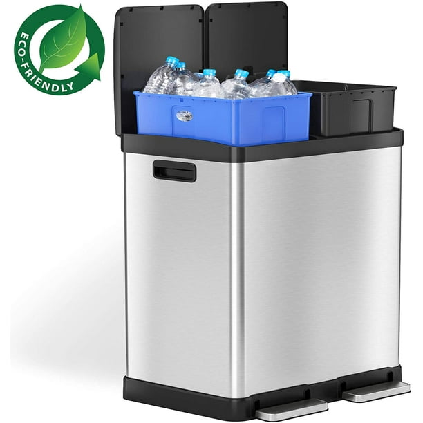 iTouchless 16 Gallon Dual Step Trash Can & Recycle Bin, Stainless Steel