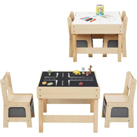 3 in1 Kids Table and Chairs Ages 3-7, Montessori Toddler Table and Chair Set with Versatile Tabletop and Storage Drawer, Kids Activity Desk for Home, Nursery and Playroom
