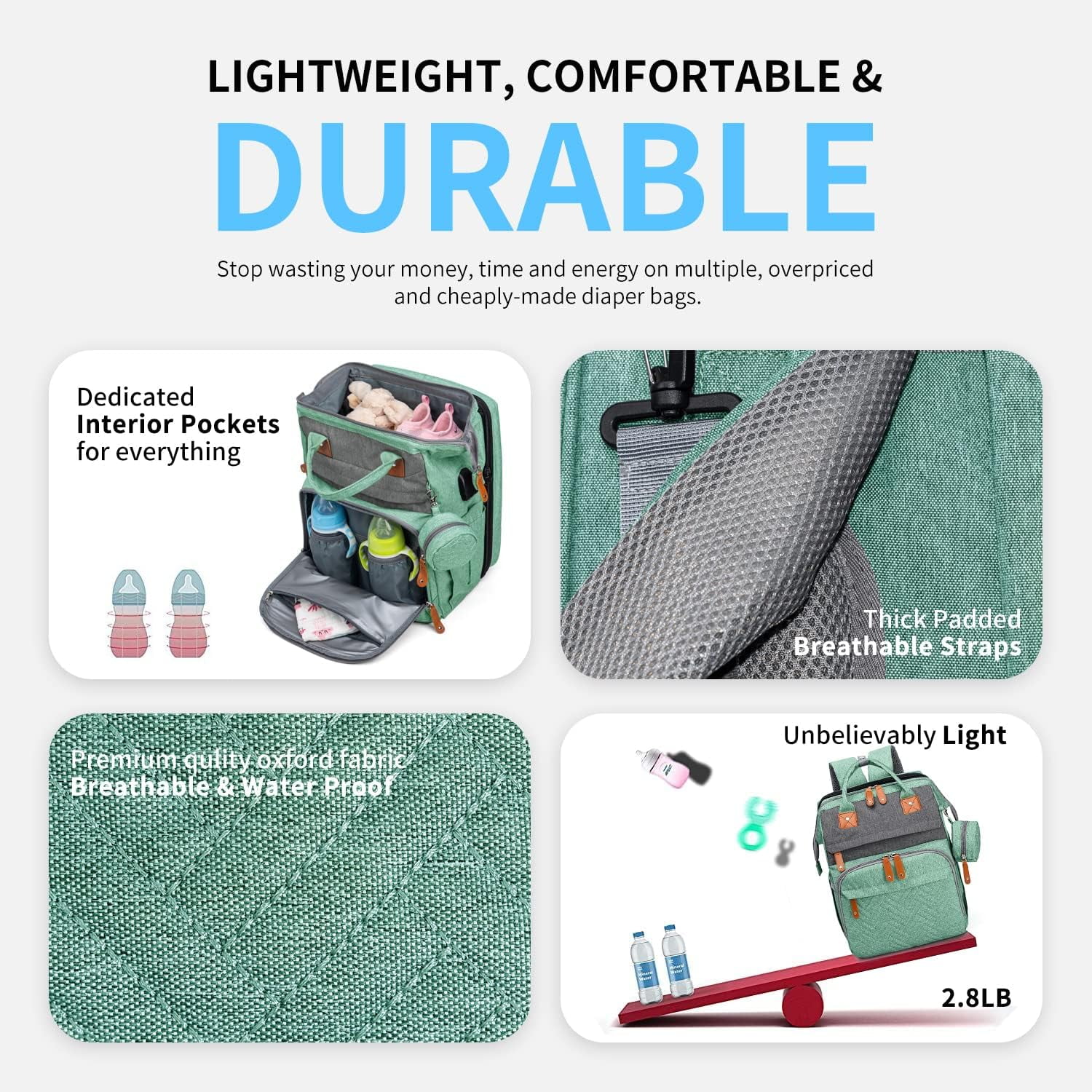 Diaper Bag Backpack, Large Baby Diaper Bags for Boys Girls, Baby Bag with USB Charging Port, Multifunction Waterproof Travel Back Pack for Moms Dads, Green Grey