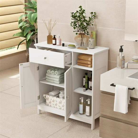 Armario de Suelo Costway para Baño con 1 Cajón Grande 2 Puertas y Estante Ajustable Blanco 75 x 30 x 80 cm
