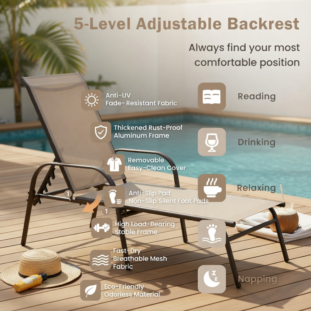 Hommoo Adjustable Folding Patio Chaise Lounge Chair, 5-Position Reclining Backrest, Weather-Resistant Fabric & Powder-Coated Steel Frame, Brown
