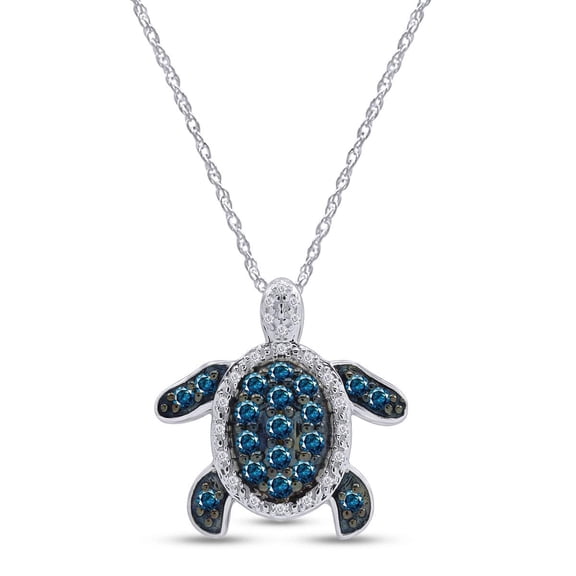 AFFY Blue & White Natural Diamond Prong Set Turtle Pendant Necklace 14k White Gold Over Sterling Silver (1/2 Ct)