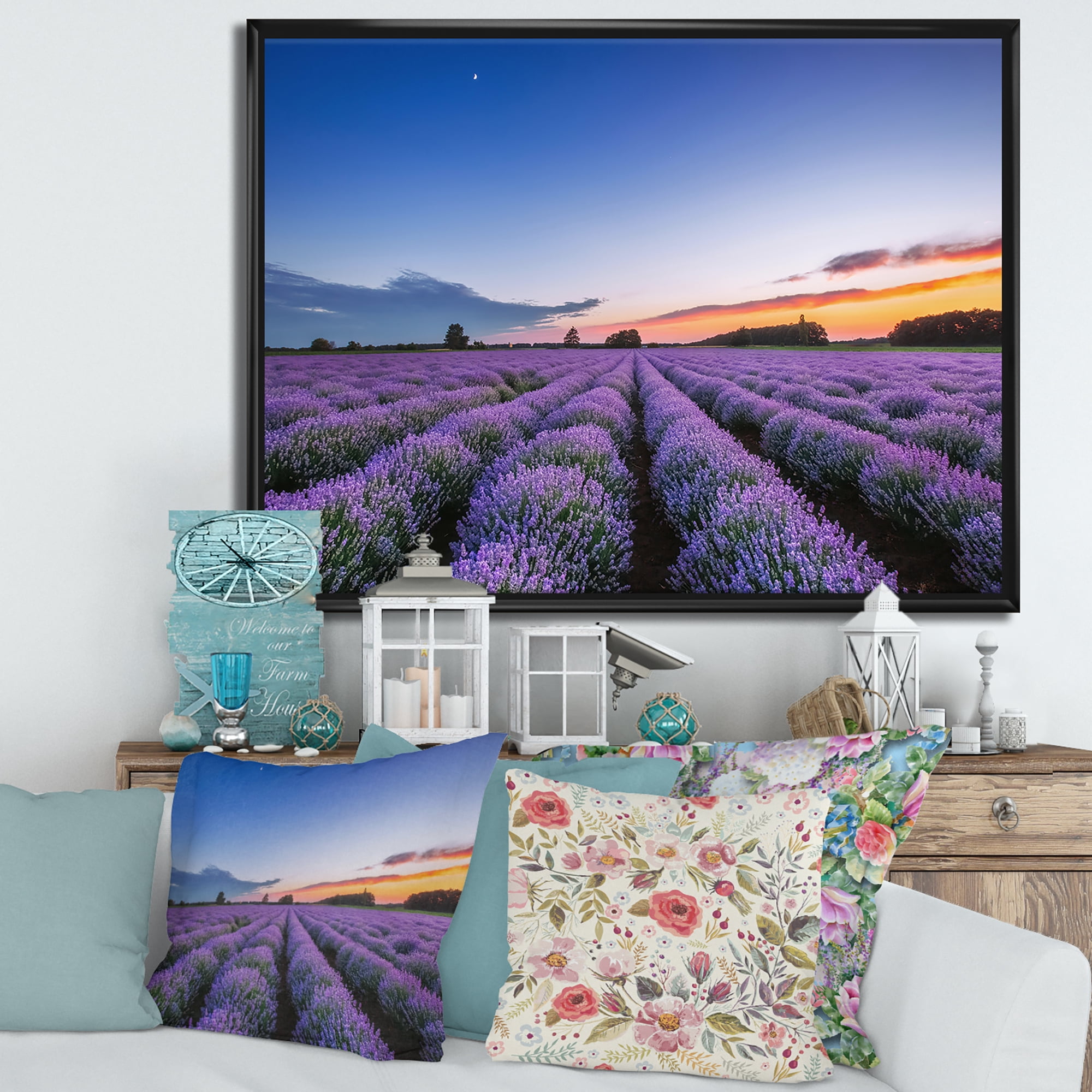 Designart 'Dramatic Clouds and Sunrise Over Lavender Field I' Farmhouse Framed Canvas Wall Art Print