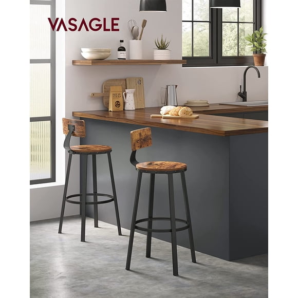 VASAGLE Taburete Alto, Juego de 2, Taburetes Altos de Cocina, con Respaldo, Estructura de Acero, Asiento de 73 cm de Altura, Fácil Montaje, Estilo Industrial, Marrón Rústico y Negro