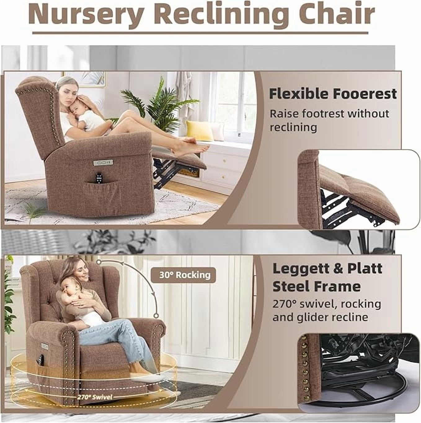 EPICOZY Power Swivel Rocking Glider Recliner Chair with Massage and Heat, Electric Nursery Glider Rocker for Living Room, Wingback Tufted Upholstered Recliner Chair with Type-C & USB Ports, Brown
