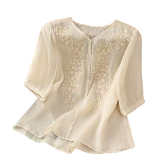 Embroidered Linen Shirts For Women Gauze Shirts Summer Blouses For Women Peasant Tops For Women Beach Vacation Tshirts Summer Linen Tops Lightweight Linen Blouses For Women Gauze Shirts For Women