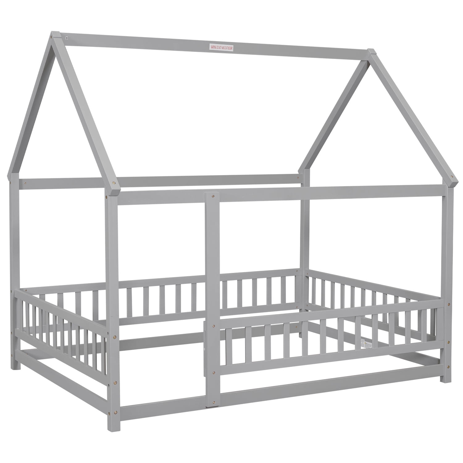 Full Size House Bed Wooden Floor Bed with Roof and Fence Guardrails Montessori Bed Playhouse Bed for Children Girls and Boys, Gray(No Bed Slats)