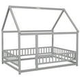 thumbnail image 6 of Full Size House Bed Wooden Floor Bed with Roof and Fence Guardrails Montessori Bed Playhouse Bed for Children Girls and Boys, Gray(No Bed Slats), 6 of 7