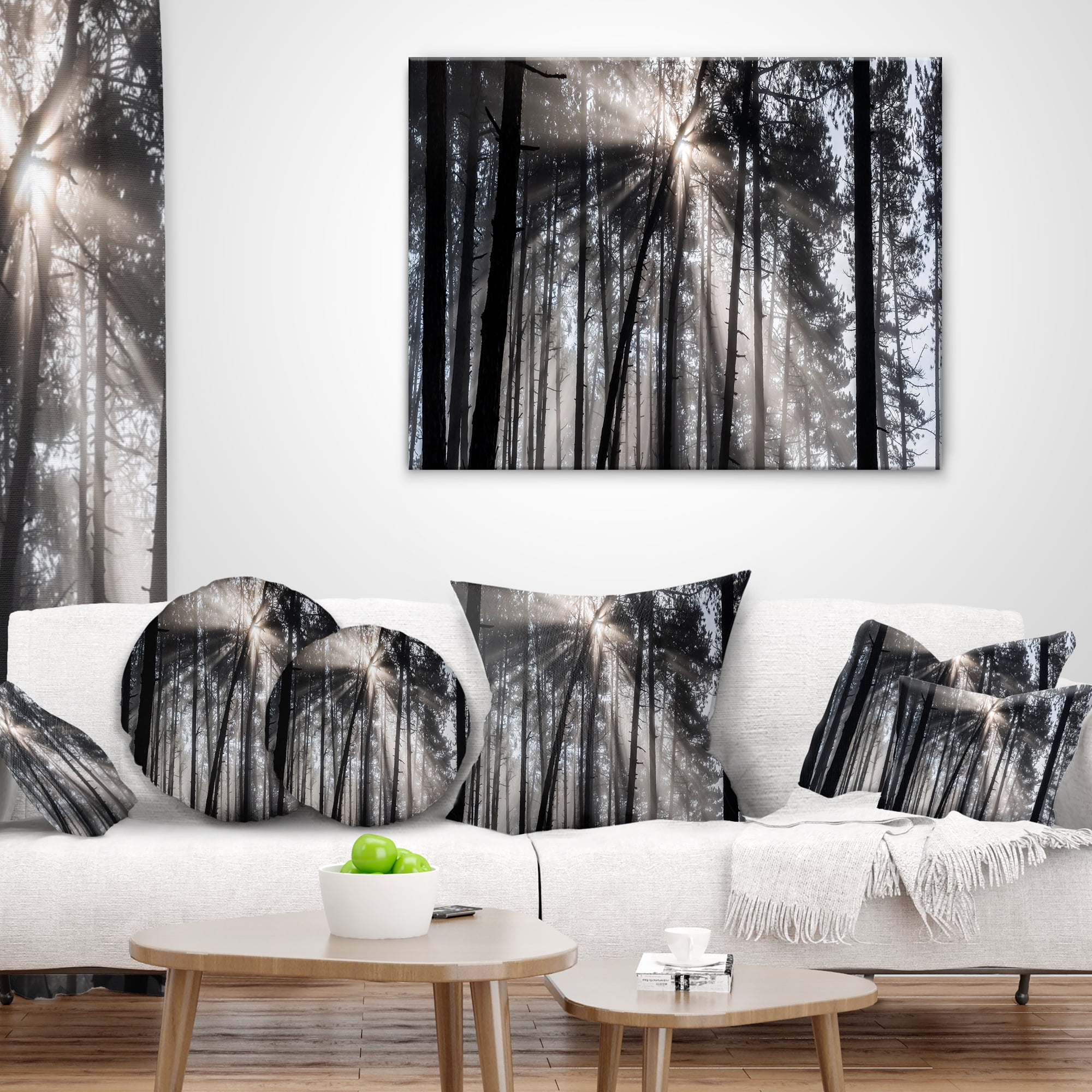 Designart Sunbeams through Black White Forest - Forest Throw Pillow - 16x16