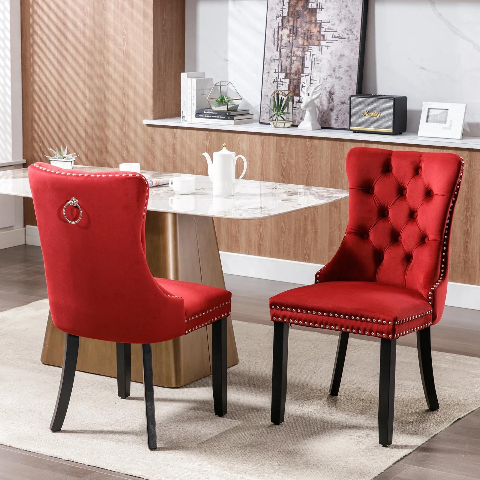 Dining Chairs Set of 2, Upholstered High-End Tufted Dining Room Chair with Back Ring and Nailhead Trim, Modern Velvet Kitchen Chairs with Solid Wood Legs for Kitchen, Home,Wine
