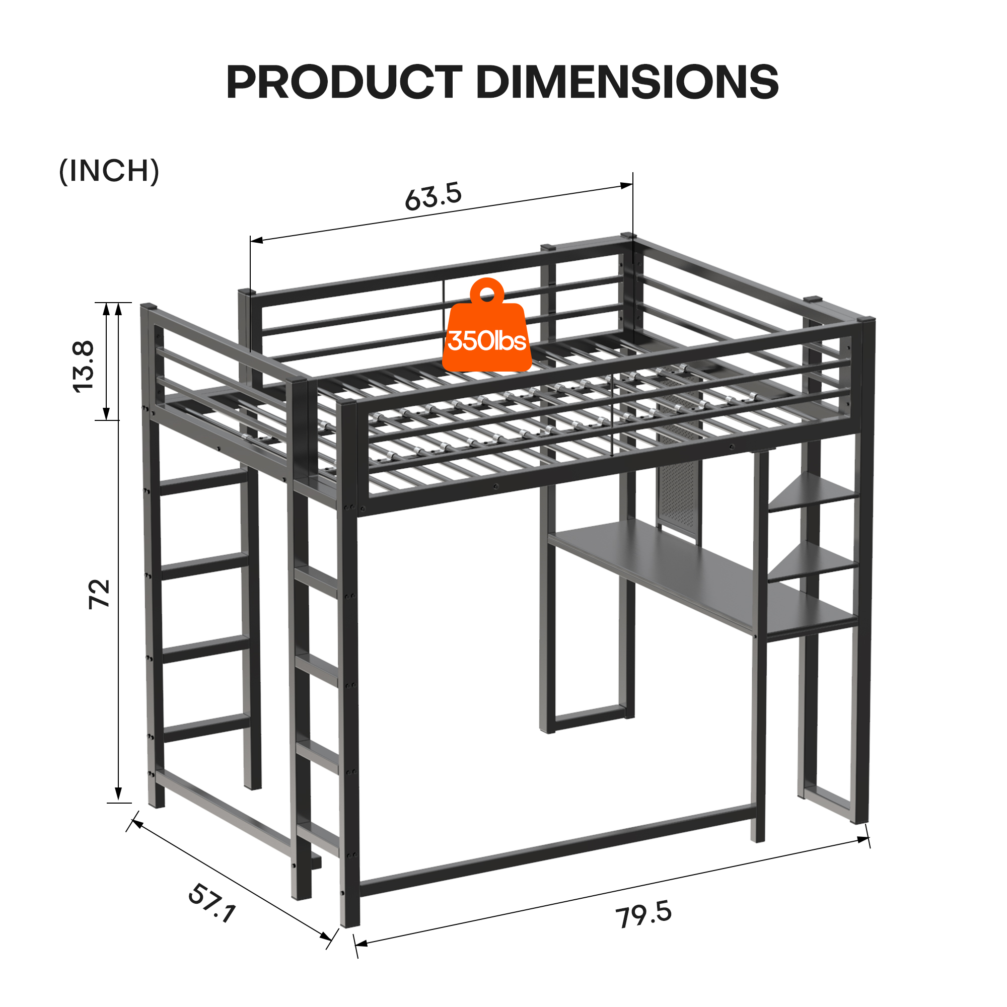 Loft Bed with Desk Full Size, Metal Loft Bed Frame with Storage Shelves and Bookshelf, Space Saving Loft Bed for Bedroom, Dorm, Home Office, Black