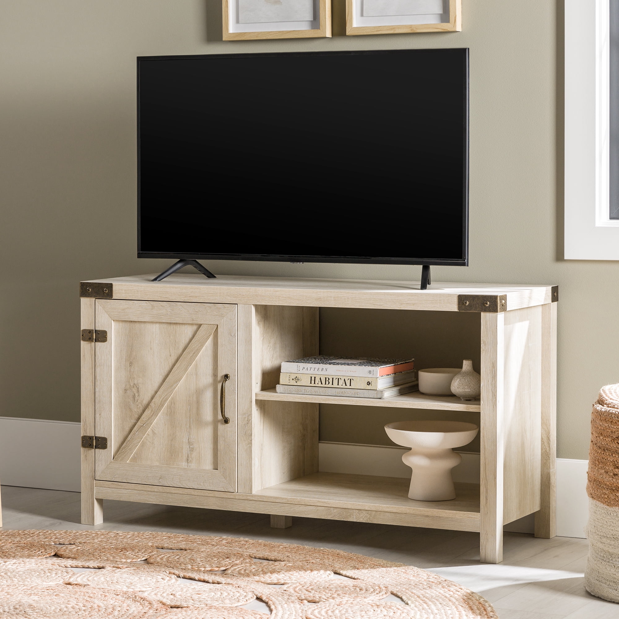 Woven Paths Farmhouse Barn Door TV Stand for TVs up to 50", White Oak