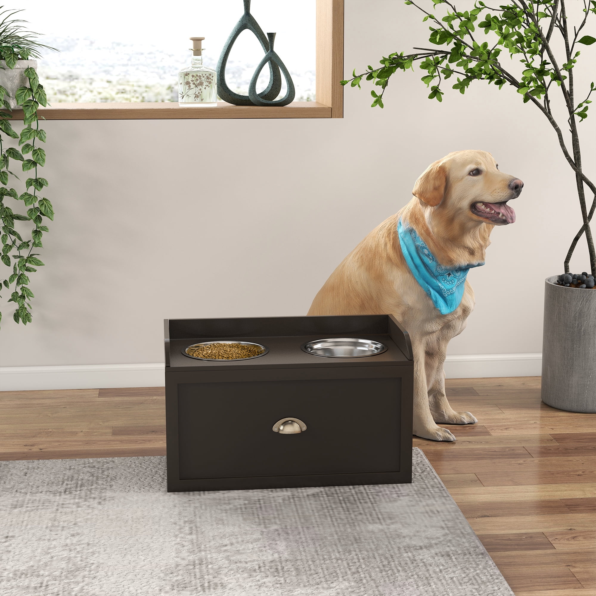 Dog Feeding Station with Storage Drawer, Dog Food Storage Cabinet with 2 Removable Elevated Dog Bowls for Large Sized Dogs, Coffee