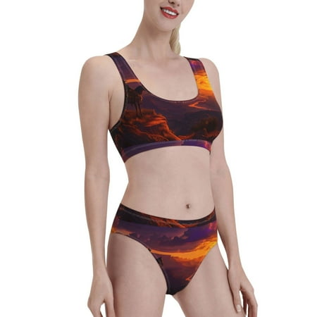 Uemuo Sunset Valley Western Cowboy Printed Women s High Waisted Bikini Sets Sporty Two Piece Swimsuits Color Block Cheeky High Cut Bathing Suits-X-Large