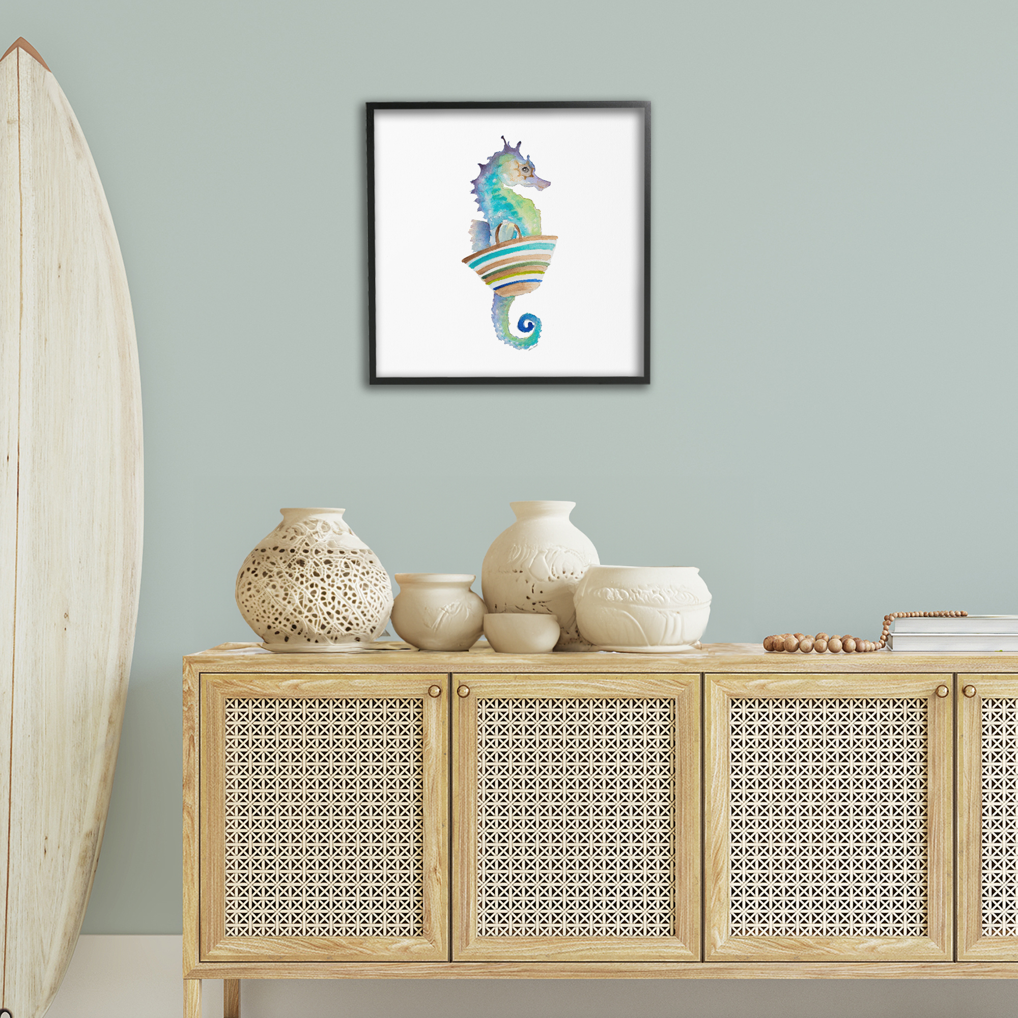 Stupell Industries Summer Ready Seahorse Novelty Painting Black Framed Art Print Wall Art, 24 x 24