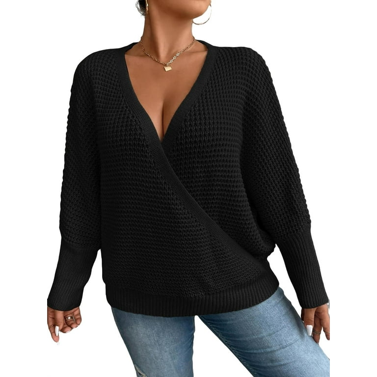 Casual Plain Deep V Neck Pullovers Long Sleeve Black Plus Size Sweaters Women s Plus Walmart