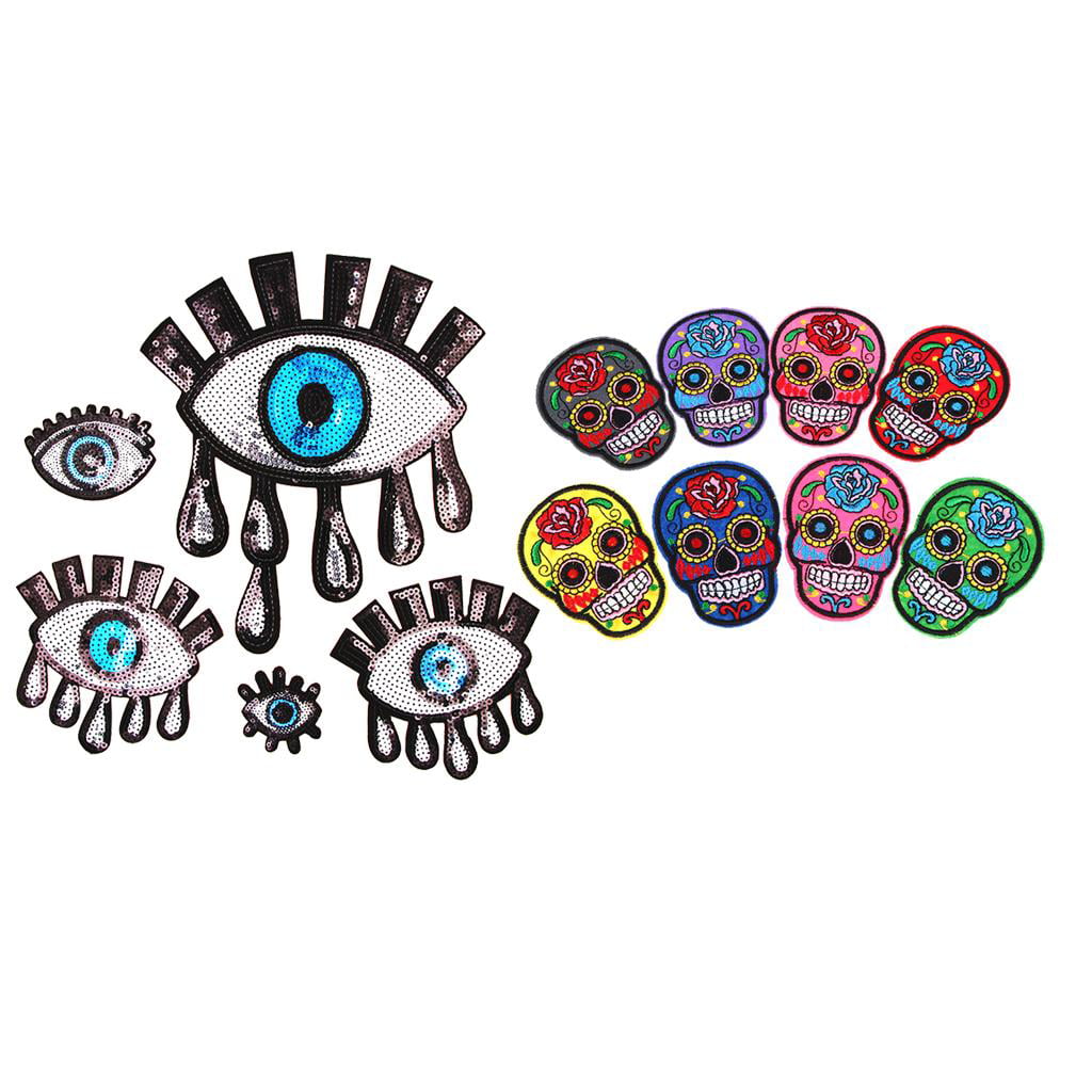 Sugar Skull Day of the Dead Rainbow Sequin Iron Sew On Patch Applique Heart Eyes 