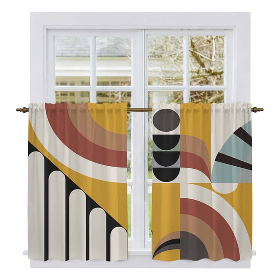 Geometric Tier Curtains, Abstract Black Middle Century Boho Yellow Red Stripes Light Filtering Kitchen Curtains, 2Pcs Rod Pocket Half Window Treatments Panels for Sink Cafe Cabinet Basement 27.5x45In