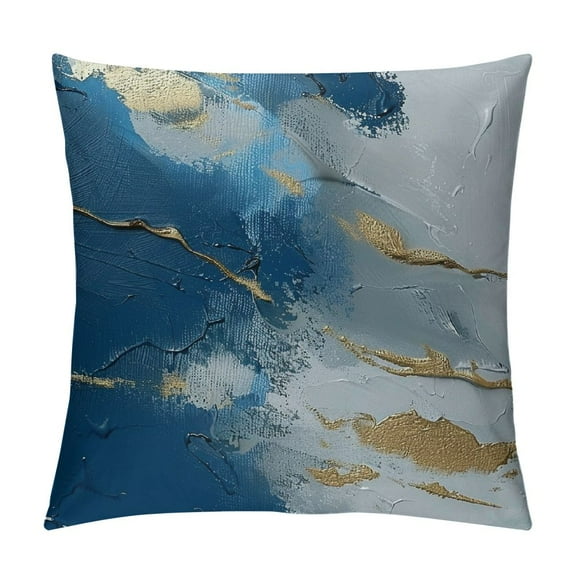 JRXY Abstract Throw Pillow Soft Cushion Cover 'Dreaming of Blue and Gold Paint Brush Strokes' Modern Pattern Decorative Square Accent Pillow Case,  Blue, Gold White