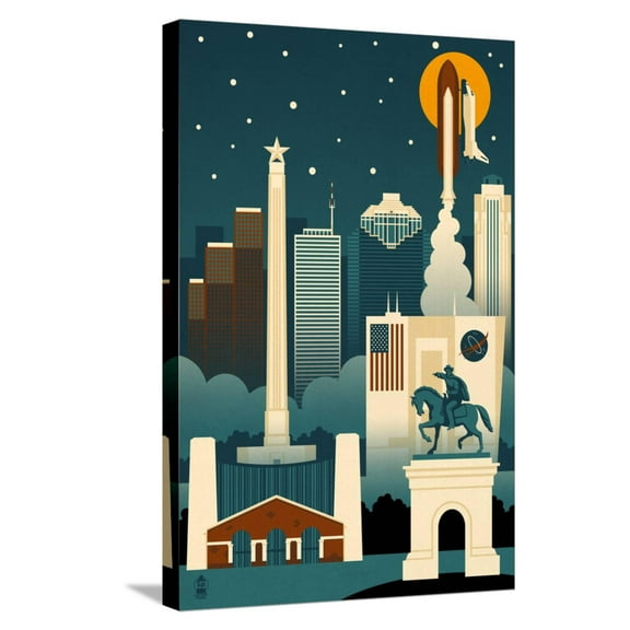 Art.com Houston, Texas - Retro Skyline (no text) Stretched Canvas Print Wall Art by Lantern Press, 16" x 24"