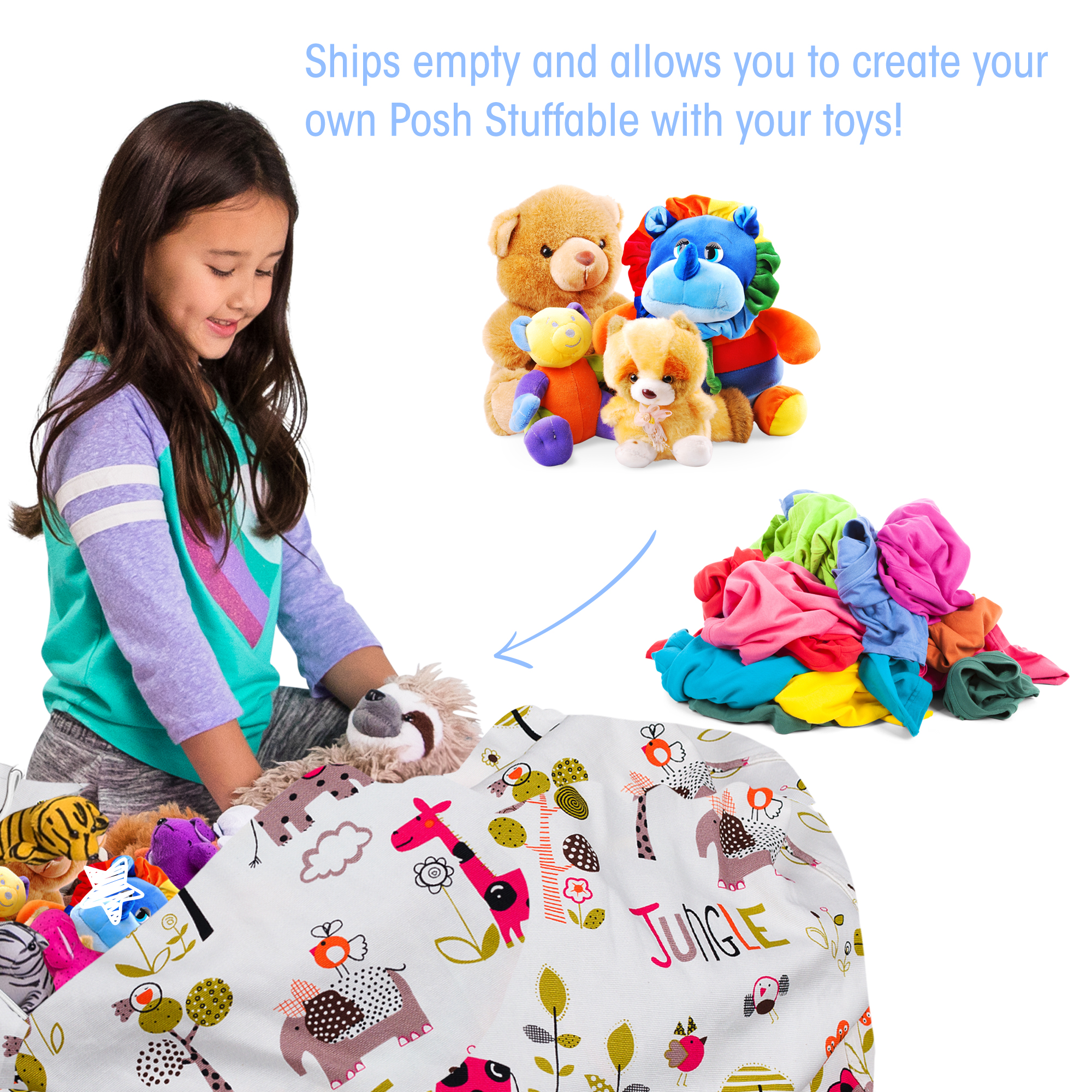 Posh Creations Bean Bag Stuffable Cover - Toy Organizer, Soft Cover, Kids, 4 ft, Canvas Jungle Animals on White