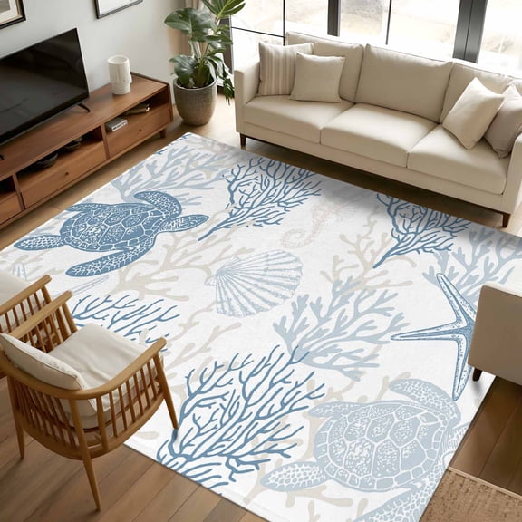 6x9 Area Rugs, Blue Grey Coastal Non-Skid Rubber Backing Large Rectangle Rugs - Living Room Bedroom Home Office, Sea Turtle Nautical Coral Summer Beach Indoor Floor Mat Carpets Washable Rug