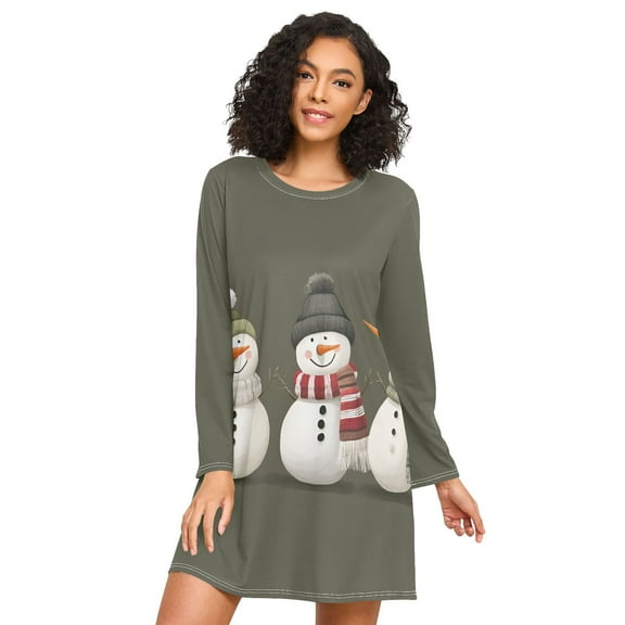 FORMRS Womens Long Sleeve Nightgowns Crew Neck Sleep Shirt Soft Pajamas Sizes S-3XL, Gray Cute Snowmen