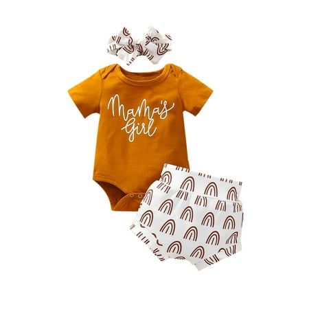

jaweiw Newborn Baby Girls Clothes Sets 3pcs Letter Short Sleeve Tassel T Shirts Rainbow Printed Shorts Headband