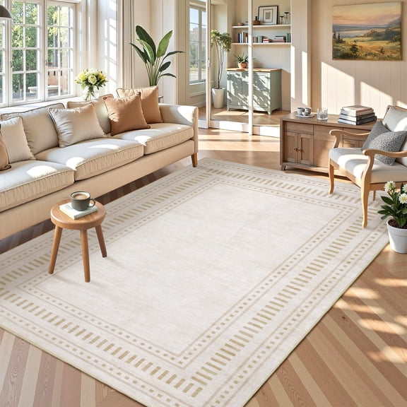 Garvee 8'x10' Modern Bordered Area Rug Geometric Carpet, Washable Non Slip Rug for Living Room Bedroom Home Decor, Beige