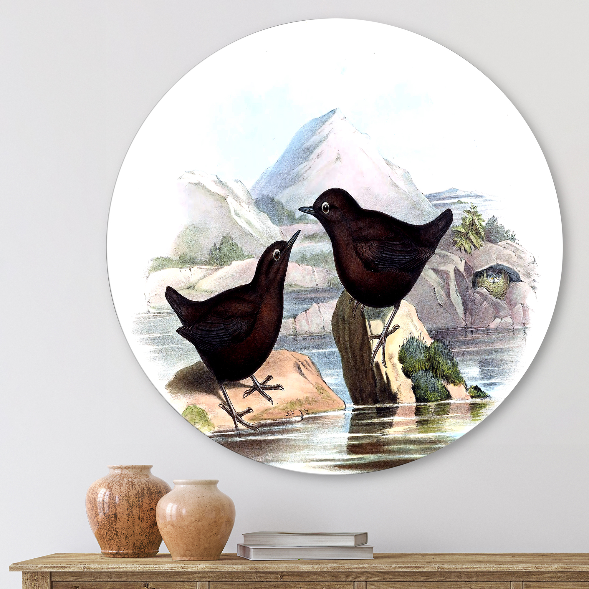Designart 'Vintage Countryside Two Birds' Farmhouse Circle Metal Wall Art 23x23 - Disc of 23