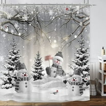 Jbralid Farmhouse Winter Christmas Shower Curtain, Cute Snowman Snow Forest Pine Tree Scene Shower Curtain for Bathroom Rustic Xmas Snowflake Holiday Gray Bathroom Accessories 72"X72"