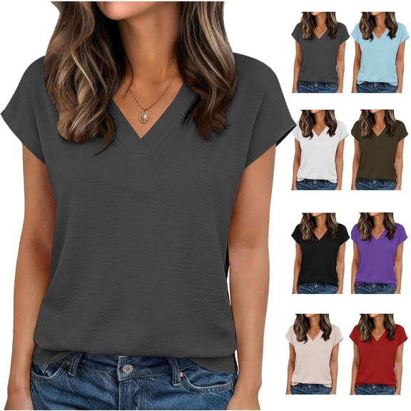 Oksale Linen Tops for Women Casual Cap Sleeve Basic Tees Classic V Neck T Shirts Lightweight Cozy Solid Ladies Tops Gray M