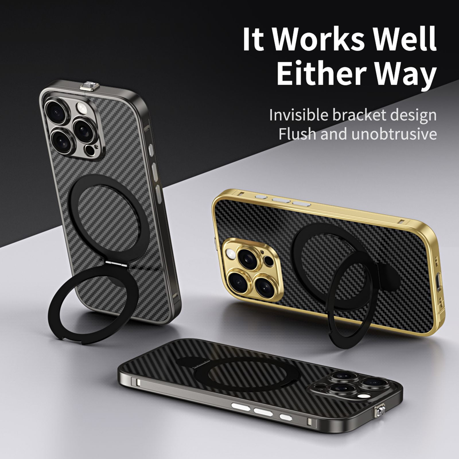 ELEHOLD for iPhone 15 Pro Case,Compatible with Magsafe Accessories, Heavy Duty  Carbon Fiber Ring Kickstand Magnetic Rugged Shockproof Case for iPhone 15 Pro,Silver