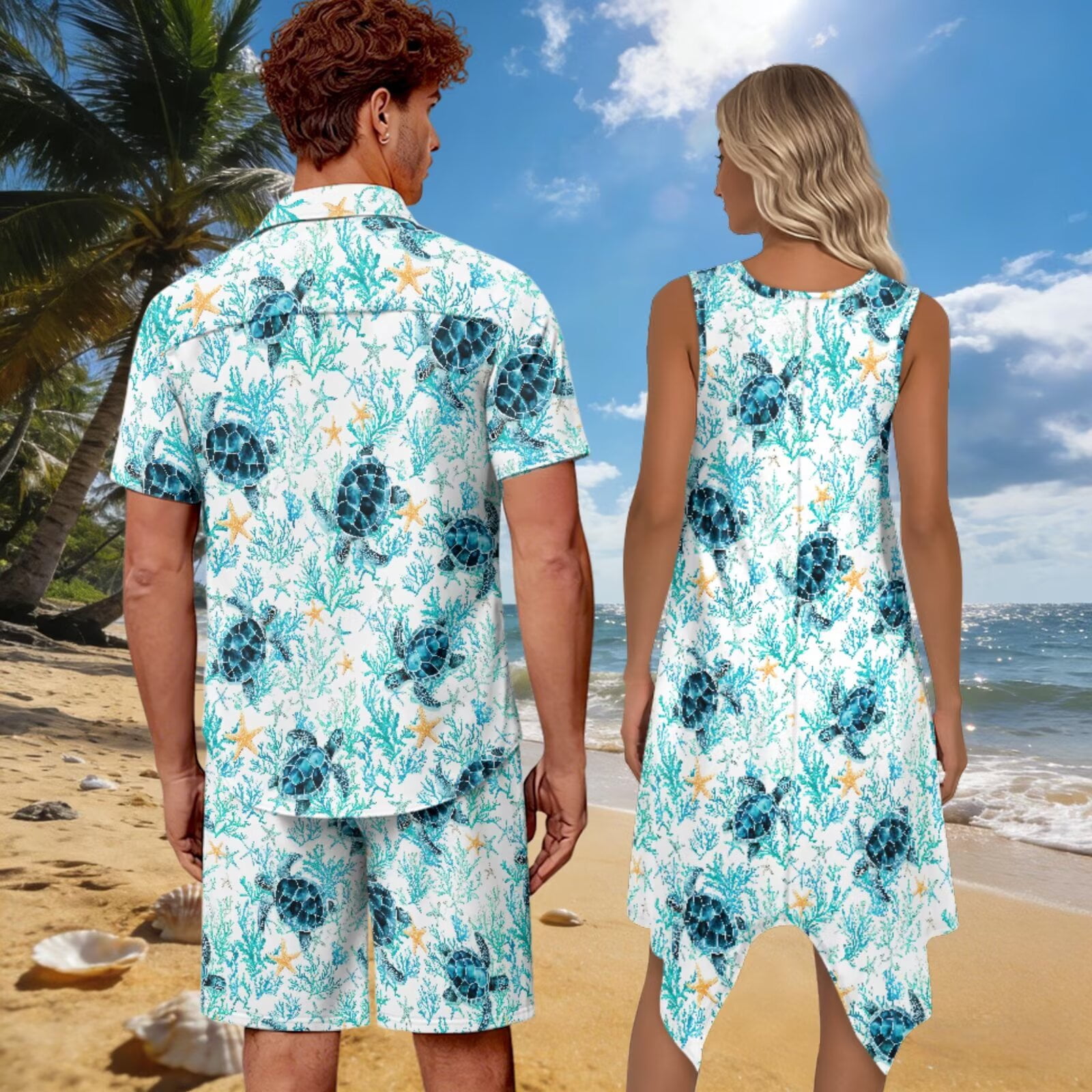 Yuyamidu Couple Outfits Matching Sets Sea Turtle Shirt Womens Summer Dresses  Mens 2 Piece Short Set Asymmetrical Hem Tank Flowy Dress with Pockets Shirt  and Shorts Set for Men Casual Man M -