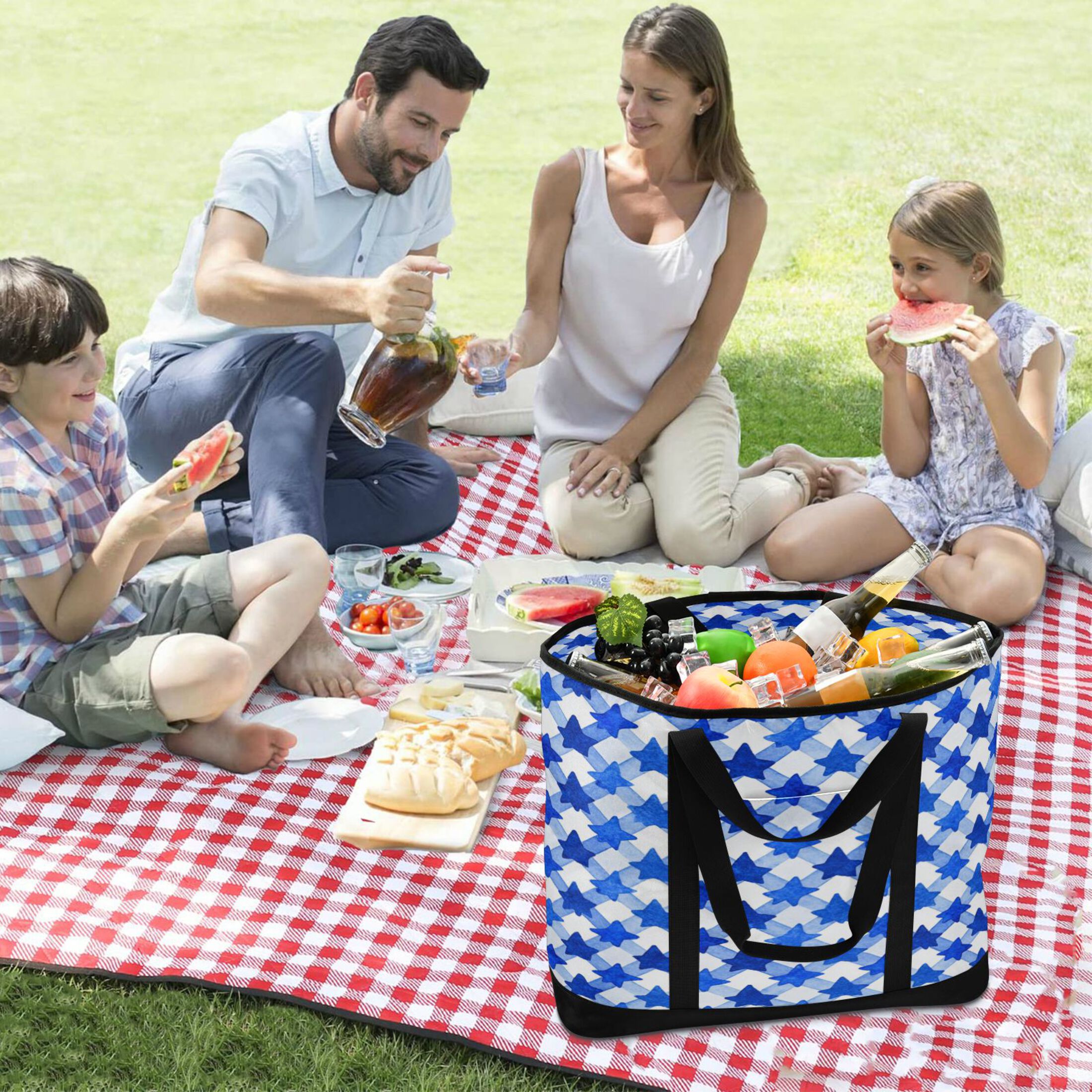 Extra-Large Wide Opening Design Capacity Hand-Held Ice Pack Thickened Insulation Layer For Long-Lasting Cold Retention For Outdoor Shopping Picnics And Camping Dark Blue Five-pointed Star