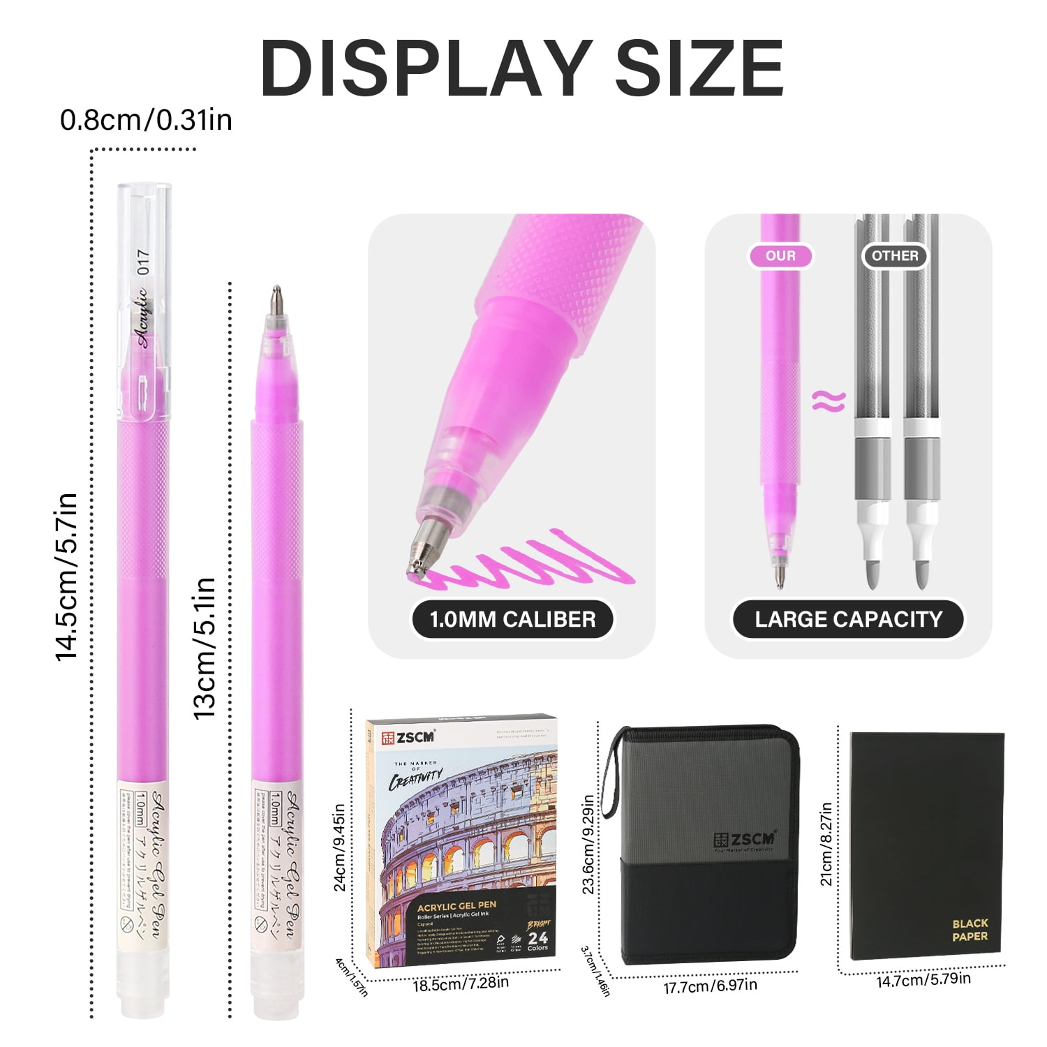 ZSCM Black Paper Sketchbook & 24 Colors Acrylic Gel Pens for Drawing, 1mm Fine Point Acrylic Ink Pen for Black Paper, Sketching, Illustration, Card