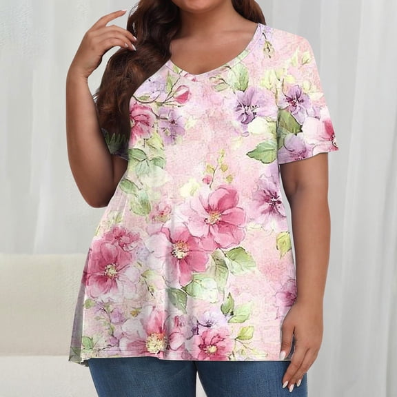 Gamivast Womens Plus Size Tops Oversized V Neck Short Sleeve Floral Print Blouses Soft Casual Loose Tunic Going Out Shirts Spring Summer Fashion Wear