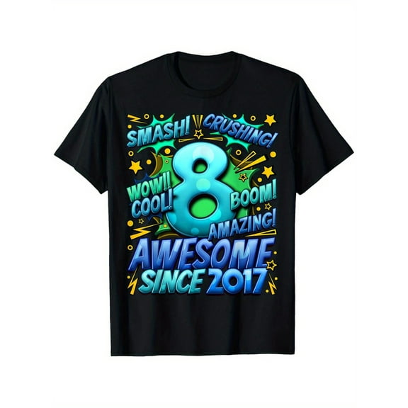 Colorful Design | Awesome Since 2017" Celebration Tee for Boys - 8th Birthday Edition, Breathable Cotton Crew Neck T-Shirt with Vibrant Number 8 Graphic, Casual & Comfortable, Perfect Gift f