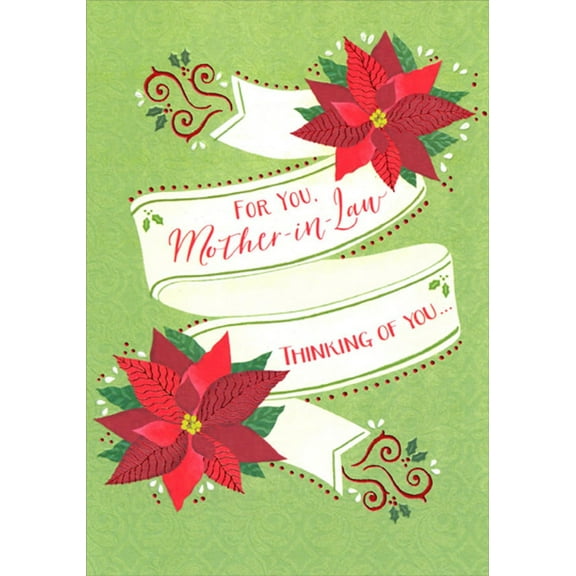 Designer Greetings 2 Poinsettias and White Scrolling Banner Mother-in-Law Christmas Card