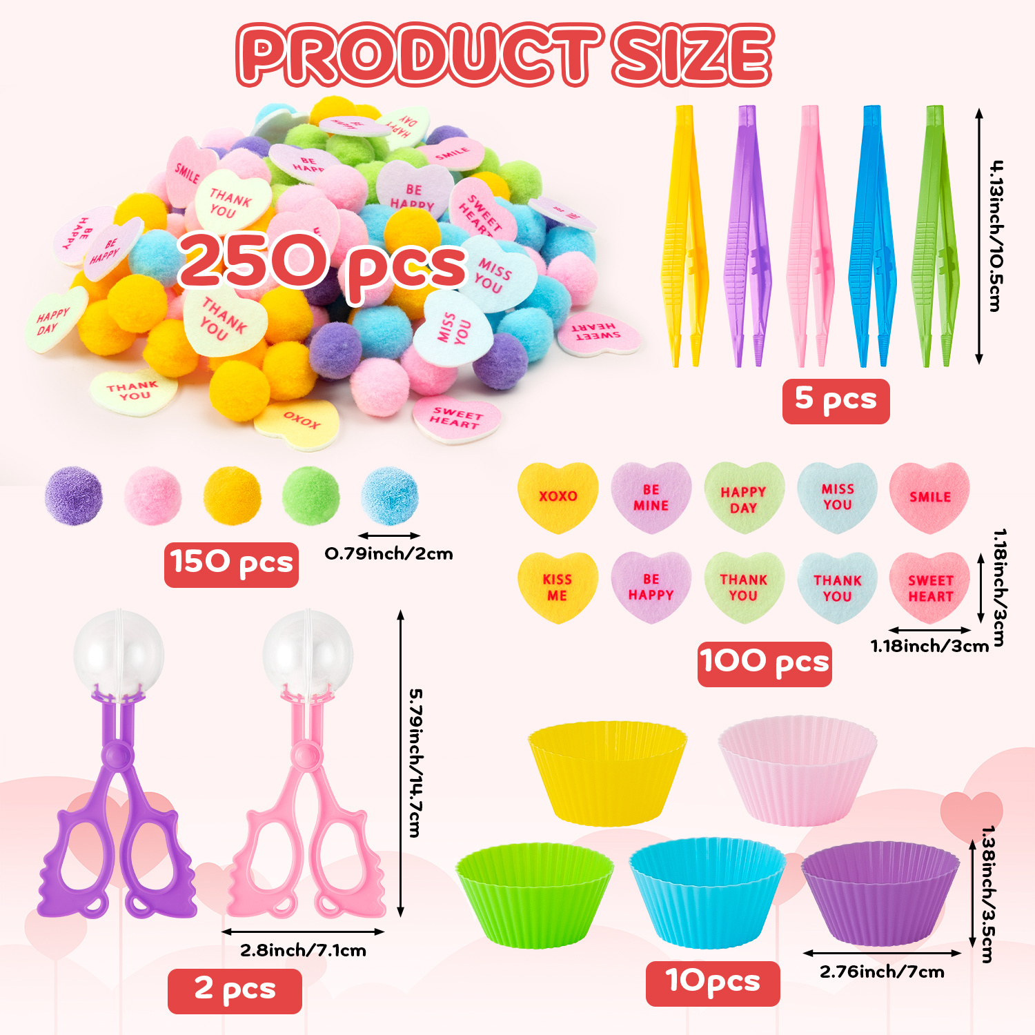 Belanttega Valentine's Day Sensory Sorting & Motor Skills Activity Heart Pompoms, Colorful Components, Family Activity Tools for Focus, Organization & Creative Play
