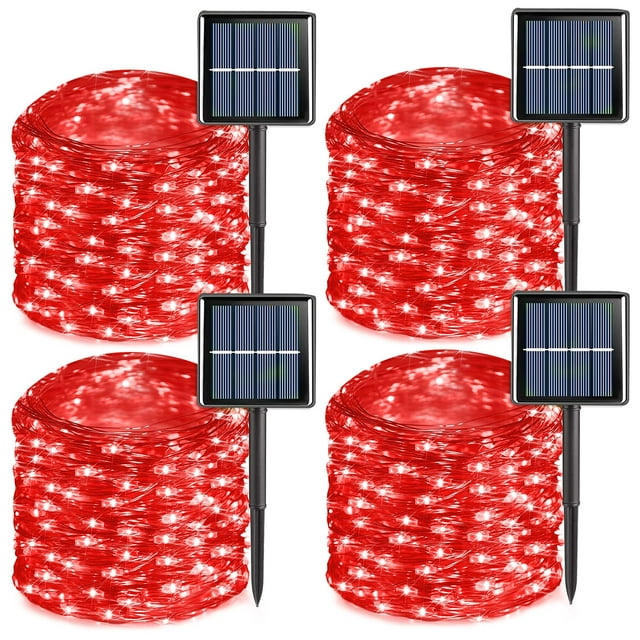 Guirnalda de luces solares QITONG, paquete de 4 unidades, 100 LED, 10 m, rojas, impermeables