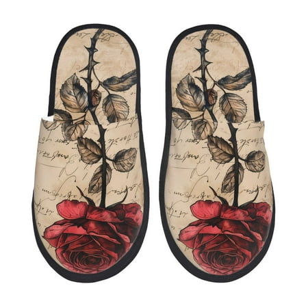 

Tideii Vintage Rose Botanical Art for Home Indoor Cotton Slippers Autumn and Winter EVA Plush Slippers Household Supplies Unisex-Large