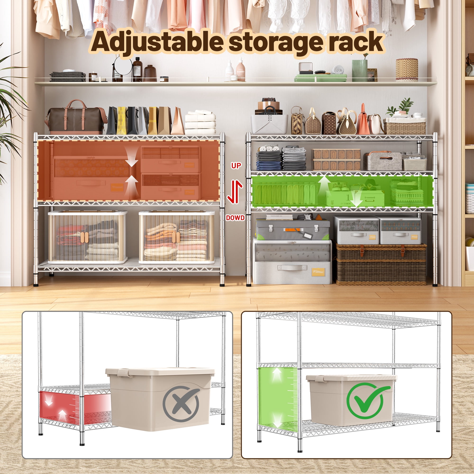 REIBII 35.5"W Wire Shelving Unit,3-Tier Heavy Duty Metal Storage Rack,Adjustable Shelf Organizer for Kitchen,Pantry,Silver