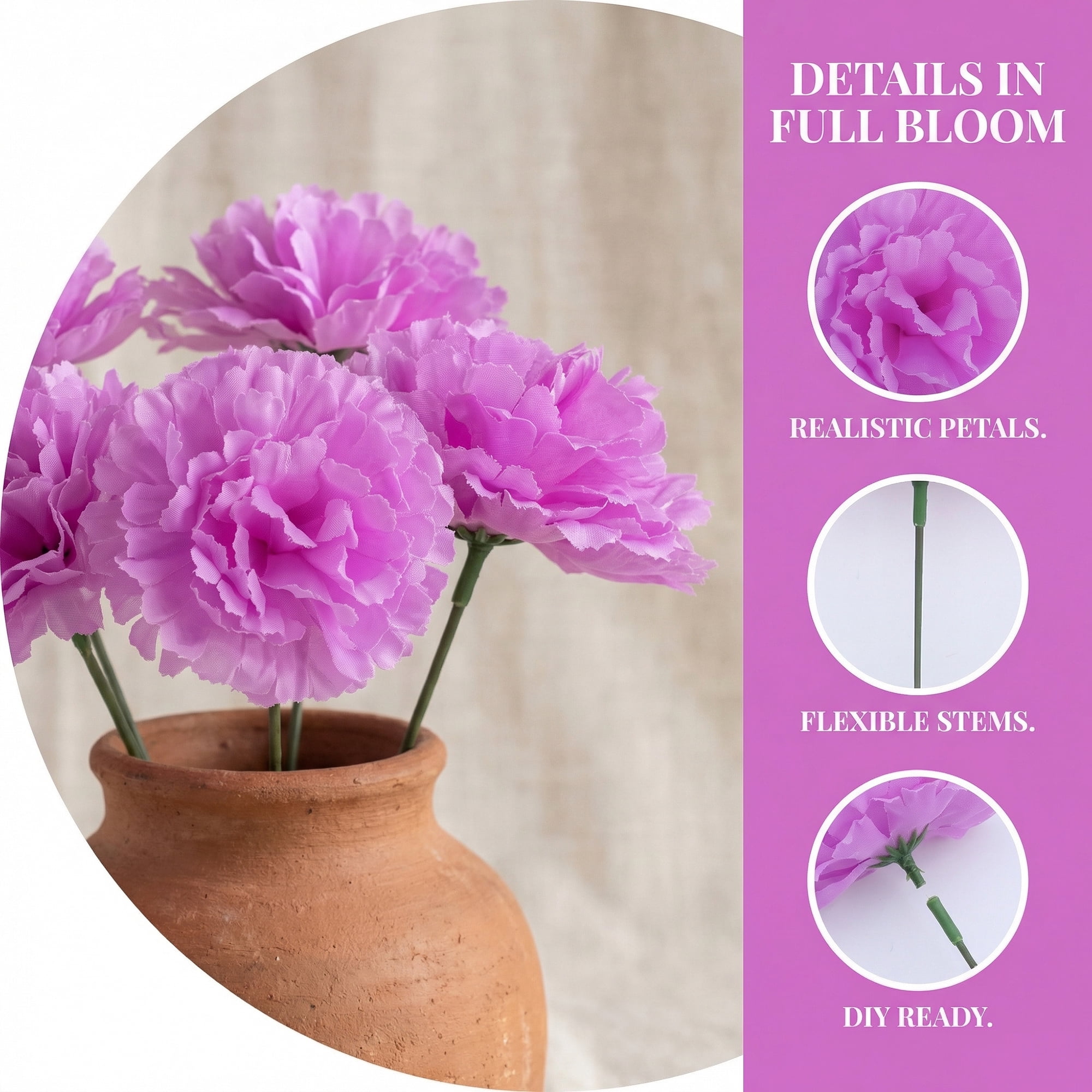 Unique Bargains Artificial Silk Carnation Bouquets with Detachable Heads Purple 5.9 in