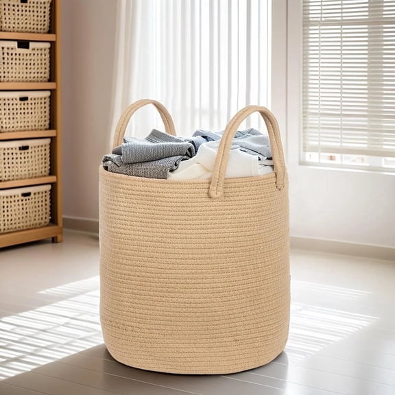 PinkSheep Laundry Basket, Collapsible Woven Cotton Rope Laundry Hamper Storage Baskets with Handles, Tan