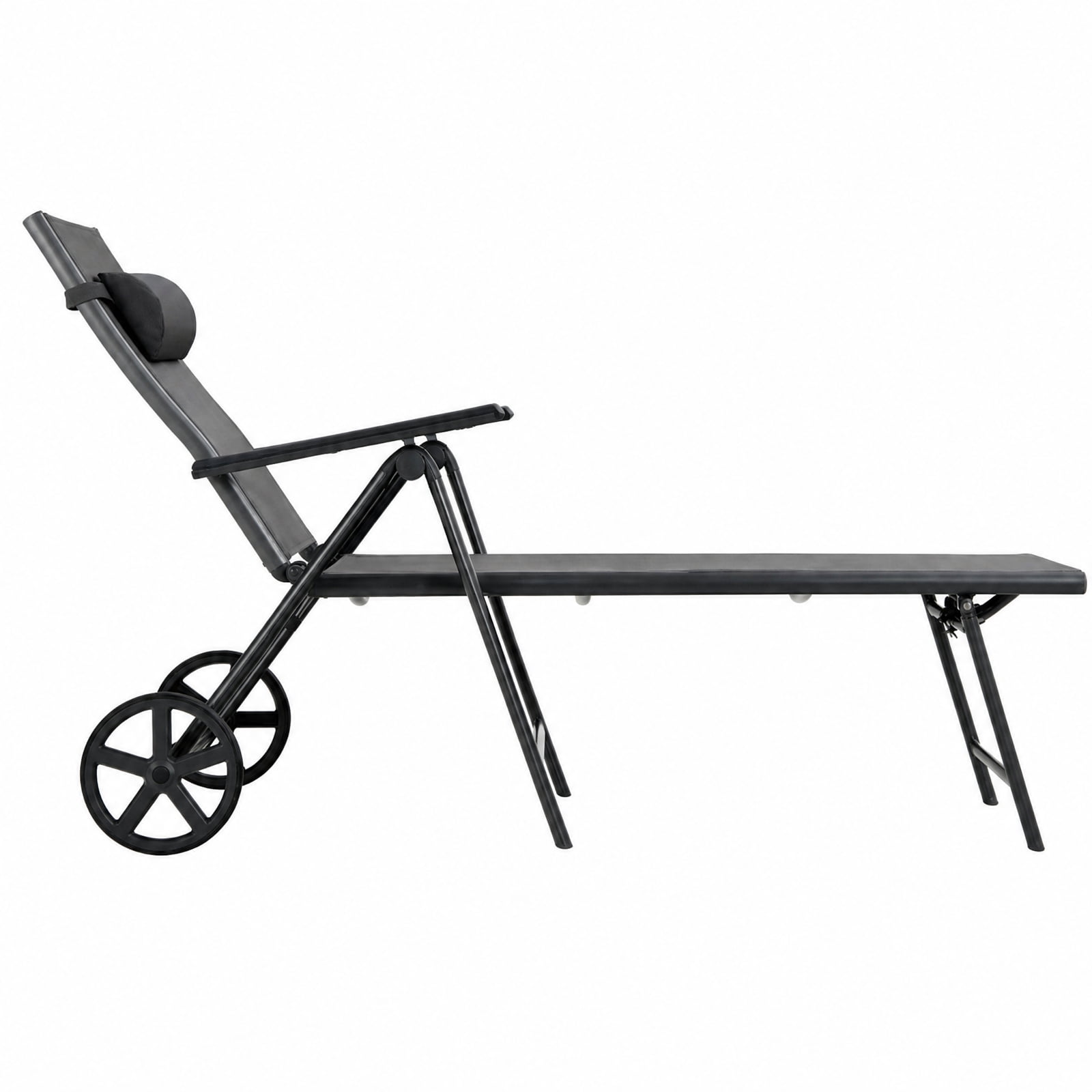 Furnibear Patio Lounge Chair with Wheels Neck Pillow 7 Position Backrest and Rustproof Aluminum Frame for Poolside Backyard and Patio, Gray