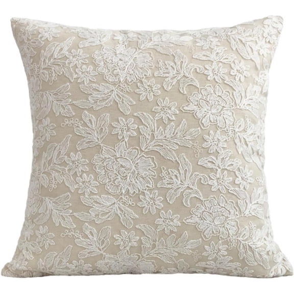 Beige Floral Embroidered Pillow Cover – Elegant Cottage Cushion Case with Full Floral Stitch Design, Soft Cotton Linen Fabric, Vintage Boho Decorative Throw Pillow Cover for Sofa Bed Couch