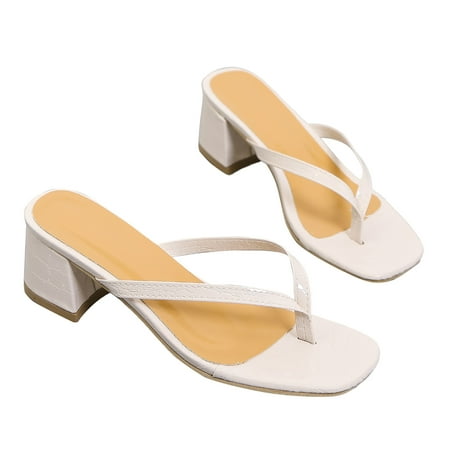 

Cathalem Women Outwear Square Headed High Heeled Solid Color Sandals Cotton Slippers for Women Indoor White 6.5