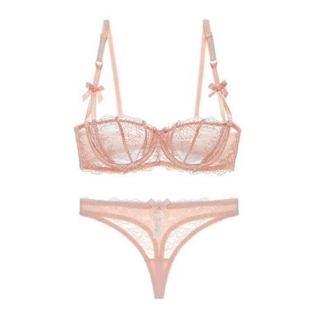 Varsbaby Unlined Balconette Demi-Cup Underwire Lace Bra and Thongs ...